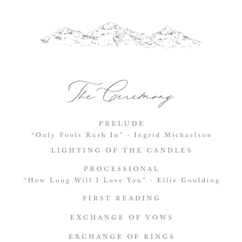 This is a pewter unique wedding programs with standard by Sarah Brown called mountainview printing on signature in 4x9