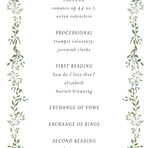 This is a mojito unique wedding programs with standard by Susan Moyal called monogramed arch printing on signature in 4x9