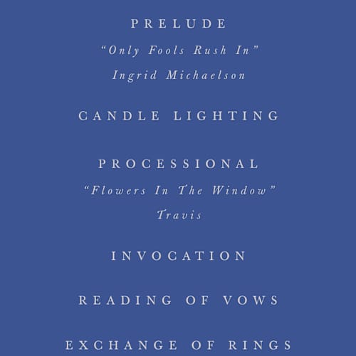 This is a marseille bleu unique wedding programs with standard by Up Up Creative called centro printing on signature in 4x9