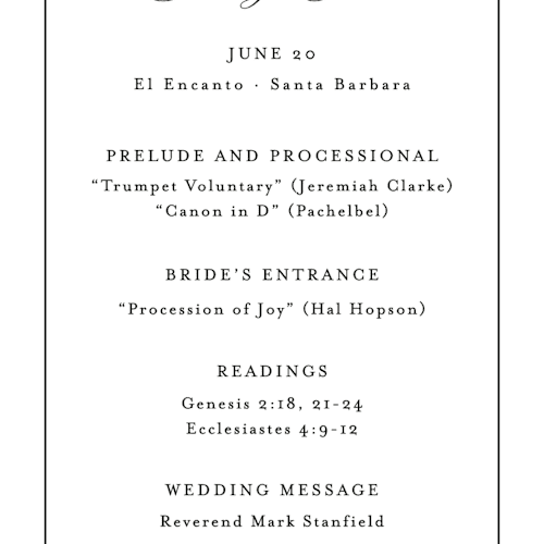 This is a noir unique wedding programs with standard by Kimberly FitzSimons called sincerity printing on signature in 4x9