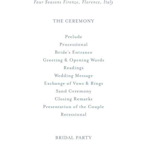 This is a dusty blue unique wedding programs with standard by Jennifer Postorino called empire printing on signature in 4x9