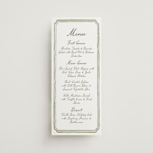 This is a artichoke menu cards with letterpress by Cass Loh called handwritten printing on luxe white cotton in 4x9