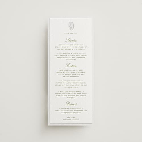 This is a chartreuse menu cards with letterpress by Ani Somi called calia printing on white cotton in 4x9