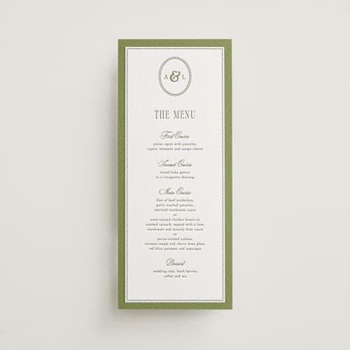 This is a olive menu cards with letterpress by Robert and Stella called darcy printing on luxe white cotton in 4x9