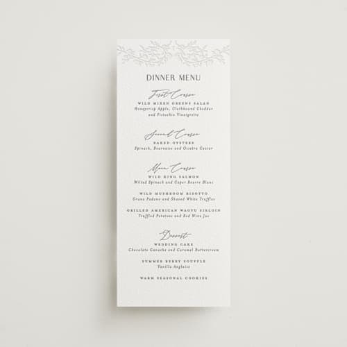 This is a smoke | blind deboss menu cards with letterpress by Nicoletta Savod called delicately printing on white cotton in 4x9