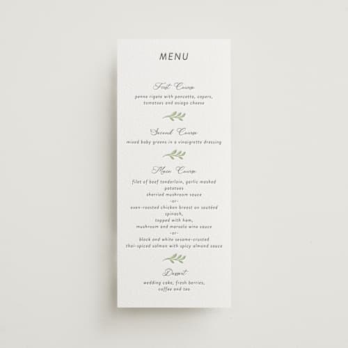 This is a matcha | soft black menu cards with letterpress by Susan Moyal called flower garden printing on white cotton in 4x9