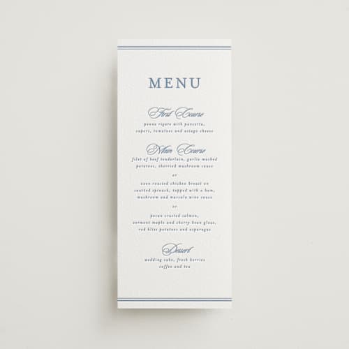 This is a pacific blue menu cards with letterpress by Creo Study called posh printing on luxe white cotton in 4x9