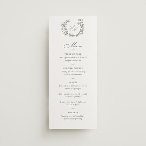 This is a artichoke menu cards with letterpress by Katherine Moynagh called garden script printing on white cotton in 4x9