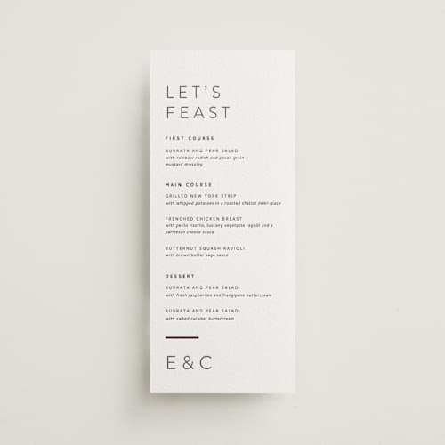 This is a clove menu cards with letterpress by Alston Foster called kismet printing on luxe white cotton in 4x9