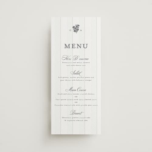 This is a smoke menu cards with letterpress by Creo Study called heirloom printing on luxe white cotton in 4x9