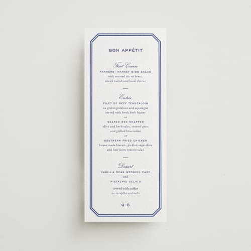 This is a mediterranean menu cards with letterpress by Megan Davis called brasserie printing on white cotton in 4x9