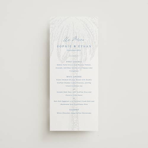 This is a marine blue menu cards with letterpress by Kaydi Bishop called palm tree printing on white cotton in 4x9