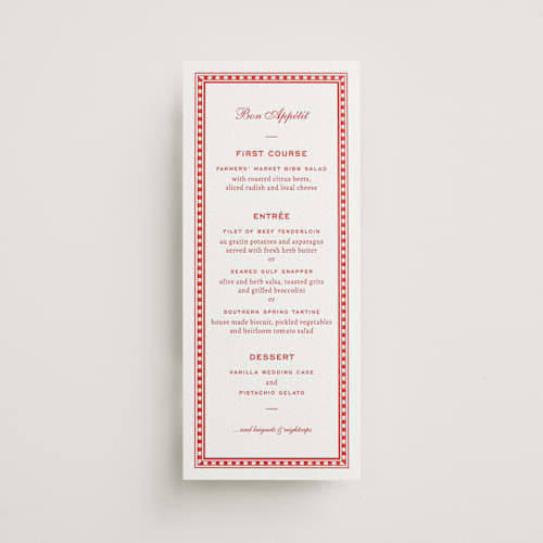 This is a ruby menu cards with letterpress by Megan Davis called larkin printing on luxe white cotton in 4x9