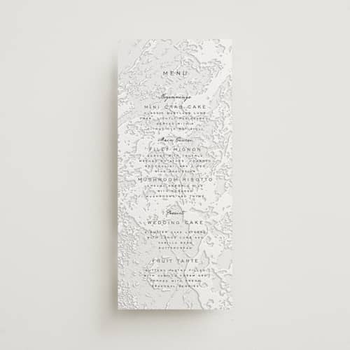 This is a soft black | blind deboss menu cards with letterpress by Erin L. Wilson called subtle marble printing on luxe white cotton in 4x9