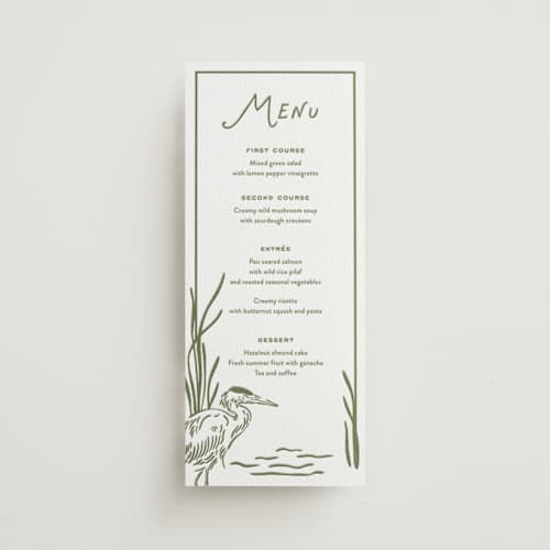 This is a artichoke menu cards with letterpress by Oscar and Emma - Karly Depew called marshland printing on white cotton in 4x9