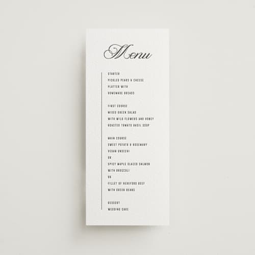 This is a soft black menu cards with letterpress by Sumak Studio called bold & elegant printing on luxe white cotton in 4x9