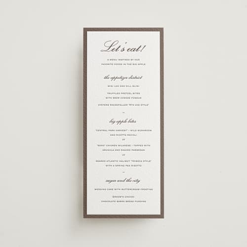 This is a cacao bean menu cards with letterpress by Sara Hicks Malone called grammercy printing on luxe white cotton in 4x9