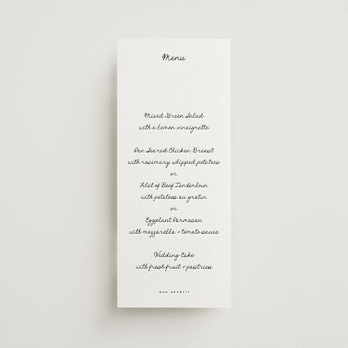 This is a soft black menu cards with letterpress by Blustery August called lover's lantern printing on white cotton in 4x9