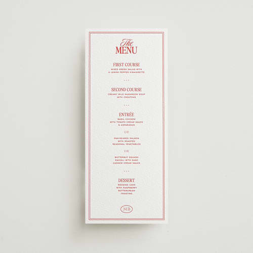 This is a ruby menu cards with letterpress by Jenna Holcomb called vermilion printing on white cotton in 4x9