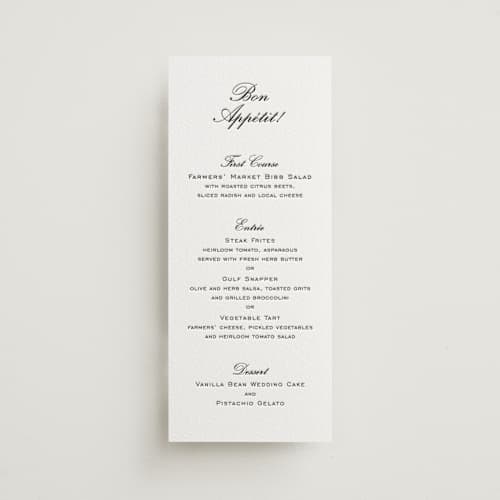 This is a soft black menu cards with letterpress by Megan Davis called cornelia printing on white cotton in 4x9