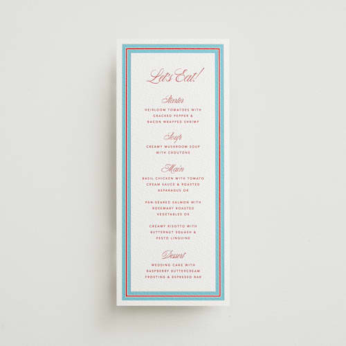 This is a ruby | vista menu cards with letterpress by Kelly Watkins called charm printing on white cotton in 4x9