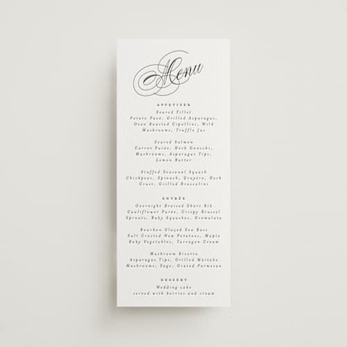 This is a soft black menu cards with letterpress by Hudson meet Rose called forever printing on white cotton in 4x9