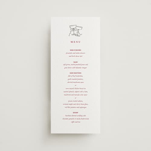 This is a maraschino menu cards with letterpress by Charter Oaks Creative called classic cherries printing on white cotton in 4x9