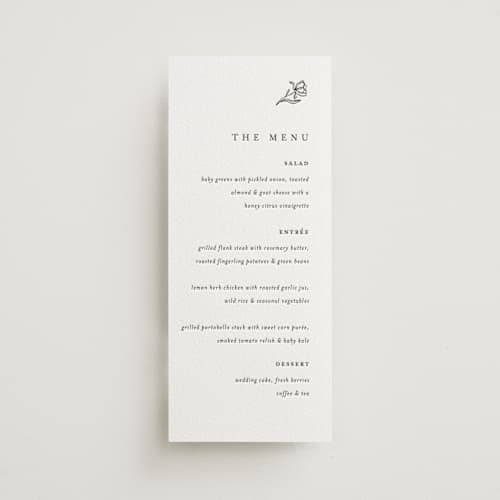 This is a soft black menu cards with letterpress by Pixel and Hank called floral cascade printing on white cotton in 4x9