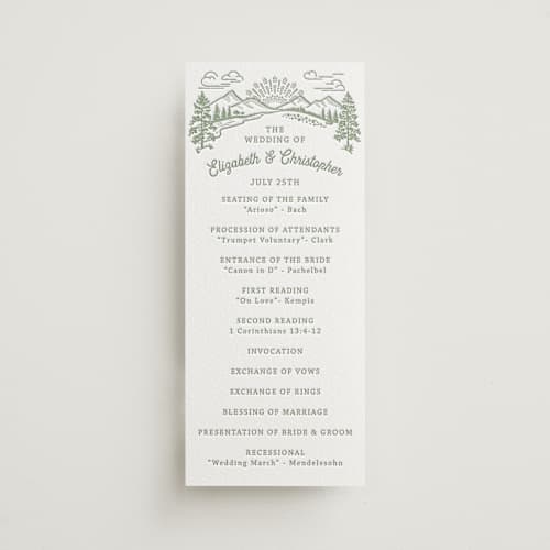 This is a olive unique wedding programs with letterpress by Paper Sun Studio called on the horizon printing on white cotton in 4x9