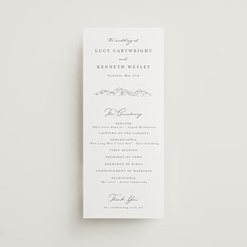This is a graphite unique wedding programs with letterpress by Sarah Brown called mountainview printing on white cotton in 4x9
