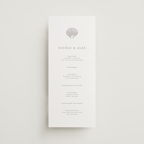 This is a dove grey unique wedding programs with letterpress by Hannah Bowman called simple seashell printing on white cotton in 4x9