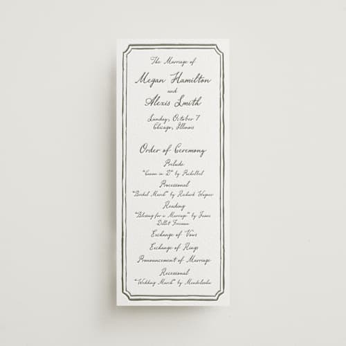 This is a artichoke unique wedding programs with letterpress by Cass Loh called handwritten printing on white cotton in 4x9