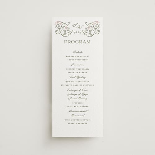 This is a peony | olive unique wedding programs with letterpress by Susan Zinader called sketched foliage printing on white cotton in 4x9