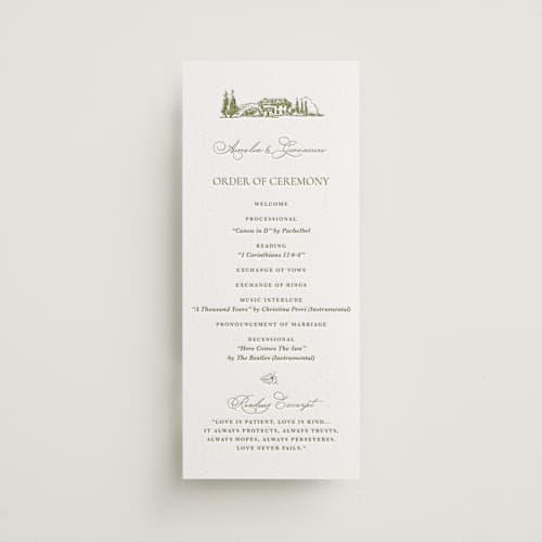 This is a olive unique wedding programs with letterpress by Lucrecia Caporale called vineyard elegance printing on white cotton in 4x9