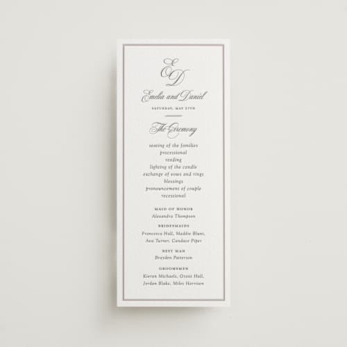 This is a soft black | dove grey unique wedding programs with letterpress by Melinda Denison called royal printing on white cotton in 4x9