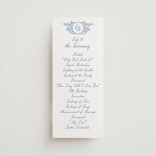 This is a robin's egg unique wedding programs with letterpress by Creo Study called garden romance printing on white cotton in 4x9