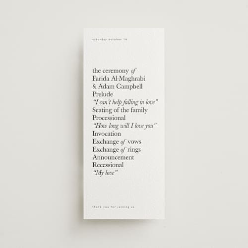 This is a soft black | graphite unique wedding programs with letterpress by Hudson meet Rose called westin printing on white cotton in 4x9