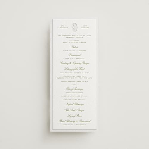 This is a chartreuse unique wedding programs with letterpress by Ani Somi called calia printing on white cotton in 4x9
