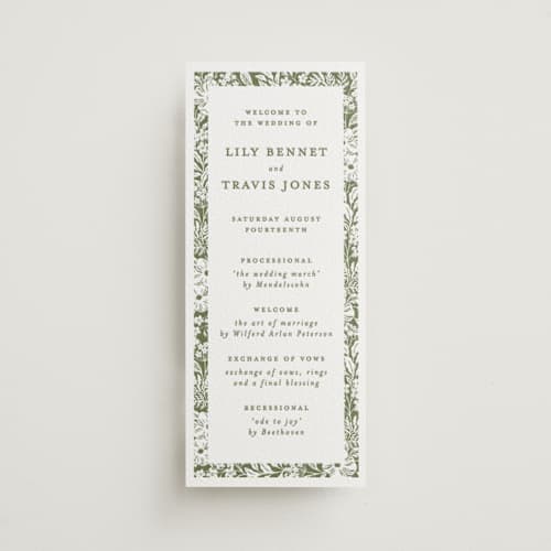 This is a artichoke unique wedding programs with letterpress by Sarah Knight called ethereal gardens printing on white cotton in 4x9