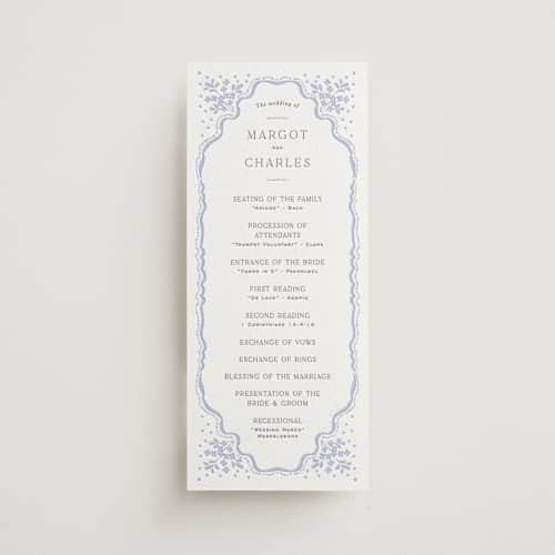 This is a graphite | vista unique wedding programs with letterpress by Erin L. Wilson called margot printing on white cotton in 4x9