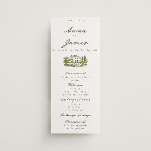 This is a olive unique wedding programs with letterpress by Maja Cunningham called villa printing on white cotton in 4x9