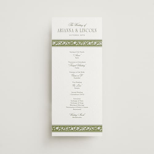 This is a olive unique wedding programs with letterpress by Robert and Stella called darcy printing on white cotton in 4x9