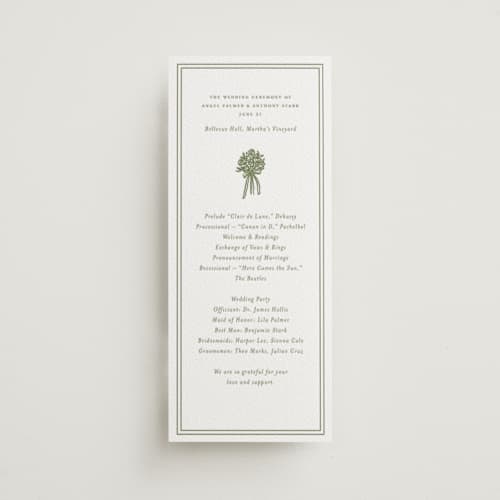 This is a artichoke unique wedding programs with letterpress by Lori Wemple called wedding bouquet printing on white cotton in 4x9