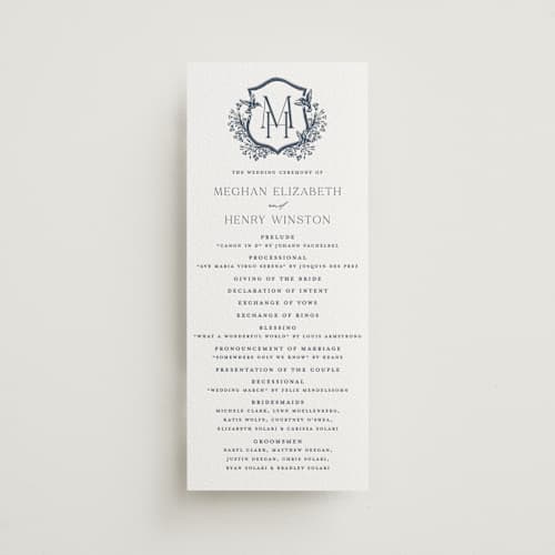 This is a night sky unique wedding programs with letterpress by Erin Deegan called hummingbird botanicals printing on white cotton in 4x9