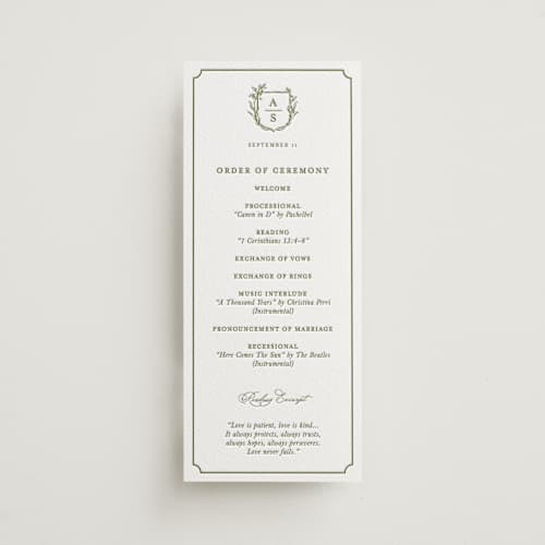 This is a olive unique wedding programs with letterpress by Lucrecia Caporale called botanical crest printing on white cotton in 4x9