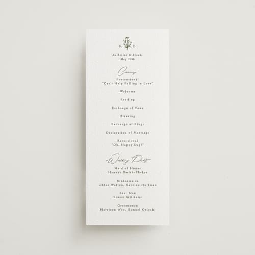 This is a artichoke unique wedding programs with letterpress by Olivia Raufman called posy printing on white cotton in 4x9