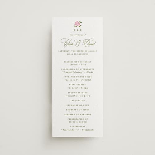 This is a olive | lotus unique wedding programs with letterpress by Creo Study called vintage blooms printing on white cotton in 4x9