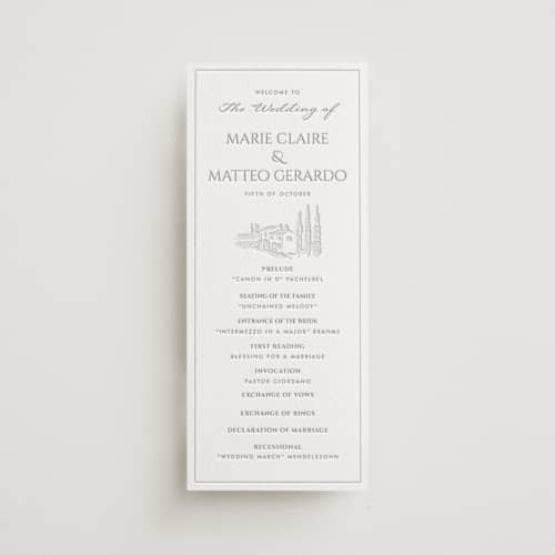 This is a granite | blind deboss unique wedding programs with letterpress by MG Patternbox called vigneto printing on white cotton in 4x9