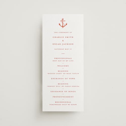 This is a poppy unique wedding programs with letterpress by Pippa Shaw called lobster printing on white cotton in 4x9