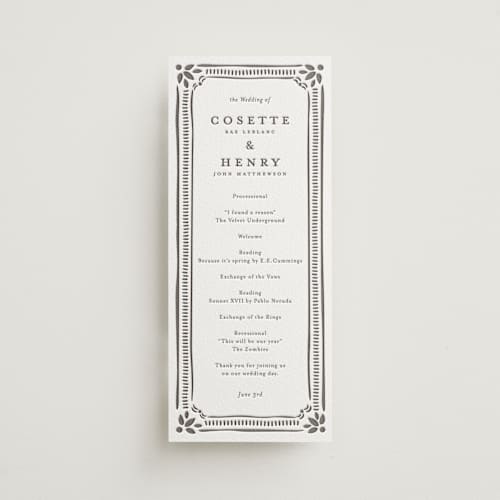 This is a graphite unique wedding programs with letterpress by Melanie Kosuge called cosette printing on white cotton in 4x9